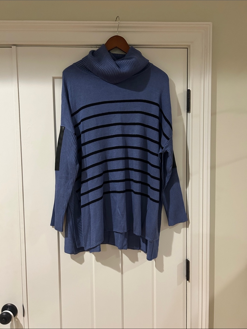 Katherine Barclay Blue Striped Cowl Sweater with Black Accents
